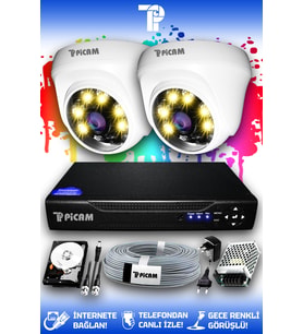 PICAM 2 Kameralı Dome 2 İç Kamera Set HDD'siz Full HD Renkli Gece Görüşlü Güvenlik Kamerası Sistemi