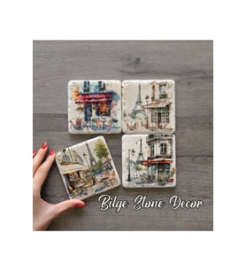 BİLGE tasarım Stone Decor Taş Bardak Altlığı 4'lü Set 10x10x1 Cm desenli