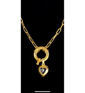 Kalp Nazarlı Kalın Zincirli Tasarım Kolye 925 Ayar (Gold)