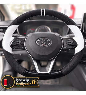 Toyota C-HR Dikme Direksiyon Kılıfı Delikli Deri Parlak Siyah Beyaz Detay Çift Yüzük ve Dikiş 2020-2023