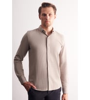 Taş Rengi Uzun Kol Düğmeli Yaka Kendinden Desenli Pamuklu Slim Fit Gömlek 1004255267