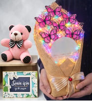 Senin İçin Renkli Led Işıklı Aynalı Büyük Boy Pembe Kelebek Buketi & Peluş Ayıcık
