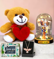 Kişiye Özel Led Işıklı Fanus & Anka Kuşu Kolye & Kalpli Peluş Ayıcık Seti (Model 9)
