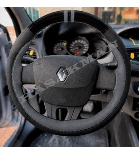 Renault Scenic 3 Dikme Direksiyon Kılıfı Parlak Siyah Gri Detaylı Gri Çift Yüzük ve Dikiş 2009-2016