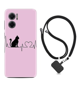 Xiaomi Redmi Note 11E Kılıf Resimli Boyun Askılı İpli Desenli Silikon Pink Cat Heart 1303