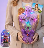 Kişiye Özel Renkli Led Işıklı Mor Ayıcık Buketi (Renkli Işıklı Oturan Çiftli Fanus Hediyeli) (Model 3)