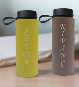 BK Gift Kişiye Özel İsimli 2’li Sarı ve Gri Cam Matara 500ml, Sevgiliye Hediye, İsimli Cam Matara, Sevgililer Günü