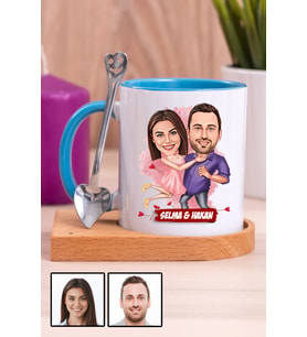 Sevgililere Romantik Hediye Karikatürlü Ahşap Altlıklı Mavi Kupa Bardak