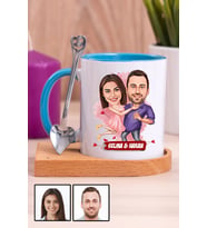 Sevgililere Romantik Hediye Karikatürlü Ahşap Altlıklı Mavi Kupa Bardak