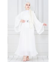 Piliseli Kolu Volanlı Diva Şifon Abiye Elbise-Beyaz