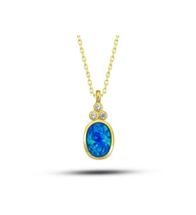 925 Ayar Gümüş Gold Mavi Opal Taşlı Ananas Kadın Kolye
