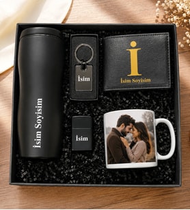 Kişiye Özel Premium Kutu Termos Bardak Erkek Cüzdan Metal Cakmak Metal Anahtarlık Fotoğraflı Kupa Bardak Aksesuar Set