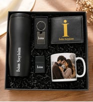 Kişiye Özel Premium Kutu Termos Bardak Erkek Cüzdan Metal Cakmak Metal Anahtarlık Fotoğraflı Kupa Bardak Aksesuar Set