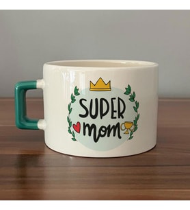Super Mom Yazı Baskılı Yeşil Kulplu C Fincan