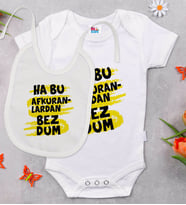 BK Kids Bezdum Tasarımlı Beyaz Bebek Body Zıbın ve Mama Önlüğü Hediye Seti-4
