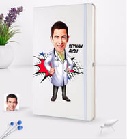 BK Gift Kişiye Özel Erkek Doktor Karikatürlü Beyaz Termo Deri Defter 16x24cm Model 2