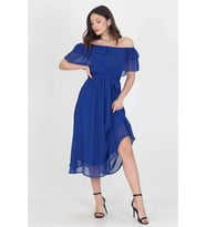 Neşeli butik kadın saks mavisi madonna yaka bağlama detaylı şifon elbise RY8060