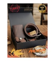 Hakiki Deri Erkek Hediye Seti - Cüzdan Kemer Çakmak Anahtarlık (Prestige Master) (Kahverengi)