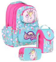 Kaukko Kids 3D Unicorn Şekilli Kız Çocuk Üçlü Okul Çantası Seti/Takımı - Turkuaz Pembe (L5155+L7155+L8155)