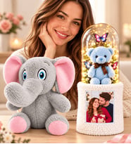 Kişiye Özel Fotoğraflı LED Işıklı Fanuslu Ayıcık Buketi ve Peluş Fil Hediye Seti