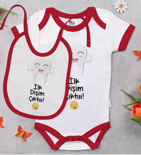 BK Kids İlk Dişim Çıktı Tasarımlı Kırmızı Bebek Body Zıbın ve Mama Önlüğü Hediye Seti-1