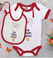 BK Kids İlk Dişim Çıktı Tasarımlı Kırmızı Bebek Body Zıbın ve Mama Önlüğü Hediye Seti-1
