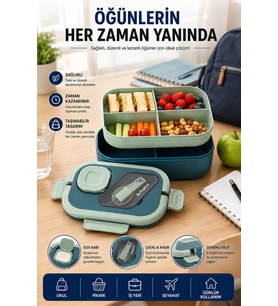 Bölmeli Beslenme Kabı Çatal Kaşık Sos Hazneli 4 Tarafı Kilitli