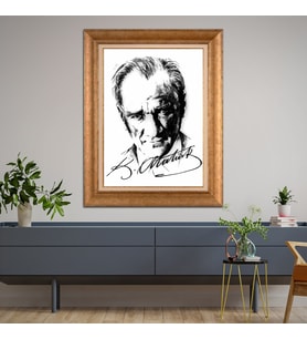 Altın Varaklı Çerçeveli Paspartulu Atatürk Tablo DC1075 (Gold)