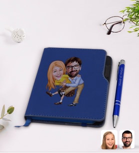 BK Gift Kişiye Özel Sevgililer Karikatürlü Lacivert Termo Deri Defter Kalem Seti-102