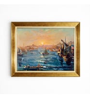 Tablore İstanbul Boğazı Gün Batımı Yağlı Boya Dokulu Altın Çerçeveli Salon Tablosu