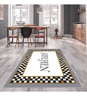 Gri Gold Dama Deseni  Yıkanabilir Kaymaz Taban Leke Tutmaz Modern Salon Halısı ve Yolluk (Krem)