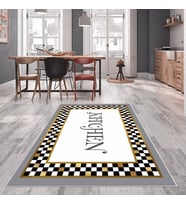 Gri Gold Dama Deseni  Yıkanabilir Kaymaz Taban Leke Tutmaz Modern Salon Halısı ve Yolluk (Krem)