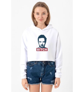 Breaking Bad Jesse Pinkman Bitch Beyaz Optik Kadın Crop Kapşonlu (A.Beyaz)