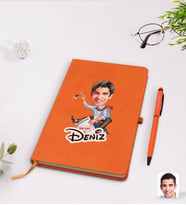 BK Gift Kişiye Özel Erkek Emlakçı Karikatürlü Turuncu Termo Deri Defter Kalem Seti Model 1