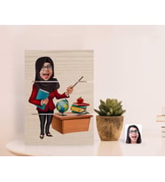 BK Gift Kişiye Özel Tesettürlü Kadın Öğretmen Karikatürlü Otantik Masaüstü Ahşap Palet Çerçeve-1 (Beyaz)