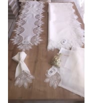Sofra Takımı Lady Gardenya Keten Yemek Takımı 160x220 Masa Seti 12 Kişilik 26 Parça Runner Set Krem