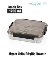 Vagonlife Büyük Ebat 1200 ML (Sızdırmaz,Karışmaz 4 Bölmeli) Lunch Box Yeni Nesil Sefer Tası -FF7080 (Siyah)