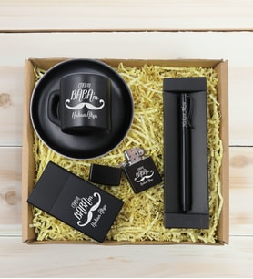 BK Gift Kişiye Özel İsimli Baba Temalı Siyah Türk Kahvesi Fincanı&Metal Kalem&Çakmak&Sigara ve Hediye Kutusu-2, Babaya Hediye, Babalar Günü Hediyeleri
