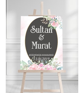 Söz Nişan Düğün İçin 50x70 Karşılama Panosu - Pembe Çiçek ve Pastel Tasarımlı