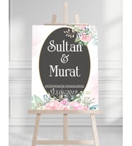 Söz Nişan Düğün İçin 50x70 Karşılama Panosu - Pembe Çiçek ve Pastel Tasarımlı