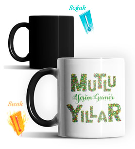 Kişiye Özel Mutlu Yıllar Text Tasarımlı Sihirli Kupa (Siyah - Beyaz)