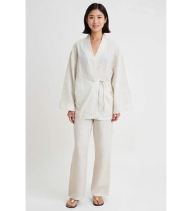 Kadın Büyük Beden Oversize Çizgili Dokuma Müslin Plaj Kimono Pantolon Takımı %100 Pamuk Günlük Rahat