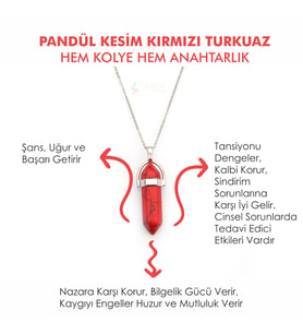 Doğal Taş KIRMIZI TURKUAZ Pandül Kesim Kadın Erkek (Unisex) İster Kolye İster Anahtarlık