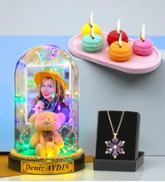 Size Özel Renkli Led Işıklı Fanus, Kokulu Mum ve Gerçek Ametist Taşlı Lotus Kolye (Model 9)