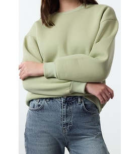Regular Bisiklet Yaka Düşük Kol Regular Kalın İçi Polarlı Normal Kalıp Basic Örme Sweatshirt