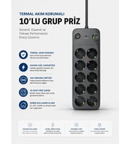 Termal Akım Korumalı Usb Type-C Girişli 10'Lu Grup Priz 2500W Güç Kapasitesi (Kopya)