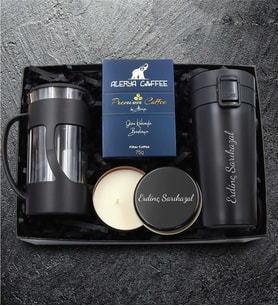 Kişiye Özel Siyah Metal Kutulu Mum & Alerya Premium Filtre Kahve & Siyah French Press & 350 ML Kilitli Siyah Çelik Termos Hediye Seti