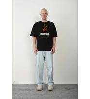 pilelistore- Unisex Bisiklet Yaka Baskılı Oversize T-Shirt - Siyah