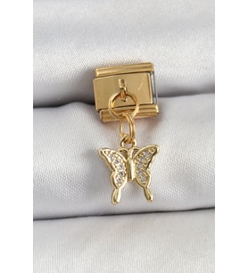 316L Çelik Sallantılı Zirkon Taşlı Kelebek Model Gold Renk Nomination Charm - TJ-BC1414