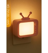 Eski TV Tasarımlı Gece Lambası, Sarı-Beyaz Işık, Tuşlu, Koridor ve Uyuma Işığı (Krem)